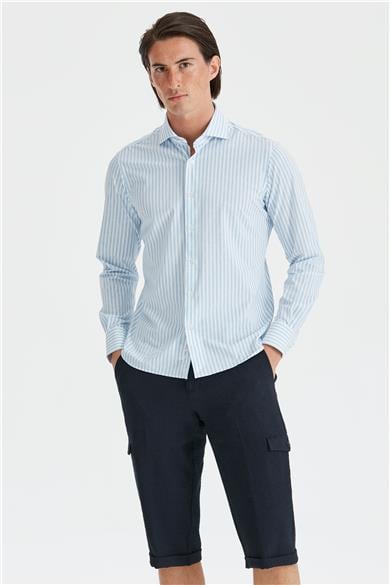 Beyaz Mavi Renk Çizgili Teknik Gömlek