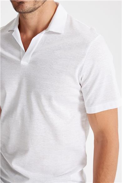 Beyaz Pamuk Keten Polo Yaka T-shirt 