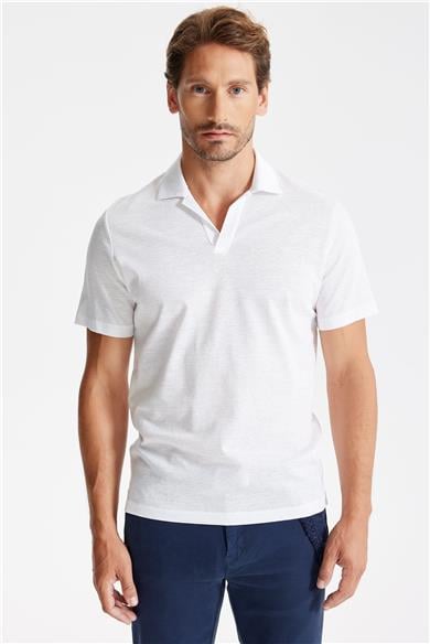 Beyaz Pamuk Keten Polo Yaka T-shirt 