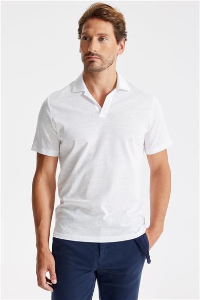 Beyaz Pamuk Keten Polo Yaka T-shirt 