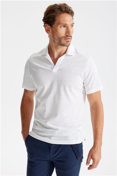 Beyaz Pamuk Keten Polo Yaka T-shirt 