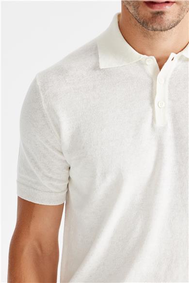 Beyaz Polo Yaka Pamuk Keten Triko