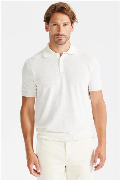 Beyaz Polo Yaka Pamuk Keten Triko