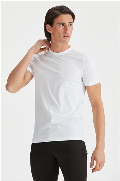Beyaz Sıfır Yaka Teknik Kumaş T-shirt