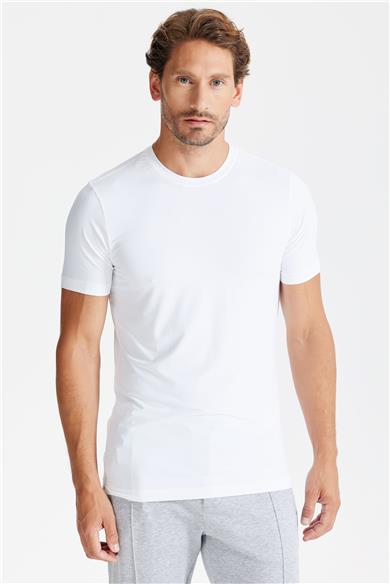 Beyaz Sıfır Yaka Vintage Teknik Kumaş T-shirt