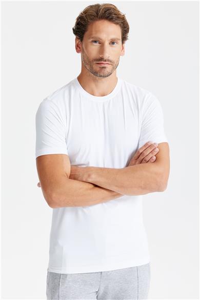 Beyaz Sıfır Yaka Vintage Teknik Kumaş T-shirt