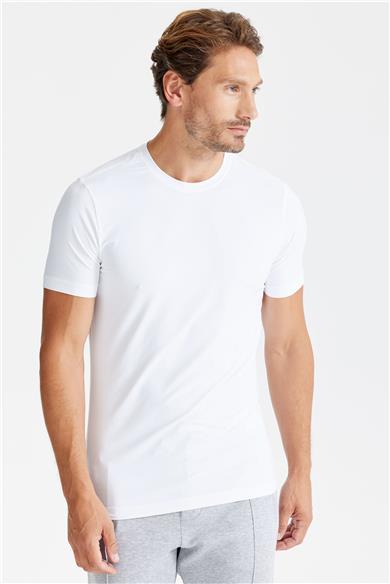 Beyaz Sıfır Yaka Vintage Teknik Kumaş T-shirt