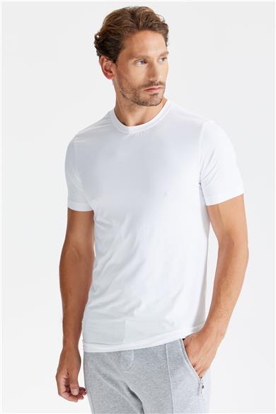 Beyaz Sıfır Yaka Vintage Teknik Kumaş T-shirt