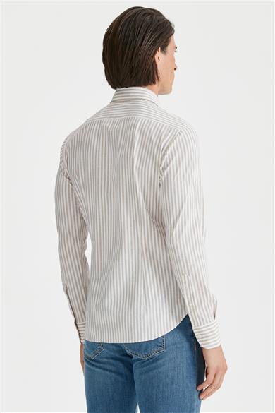 Beyaz Vizon Renk Çizgili Teknik Gömlek