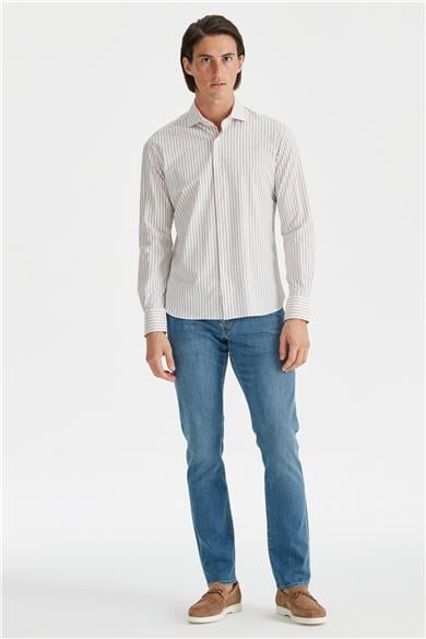 Beyaz Vizon Renk Çizgili Teknik Gömlek