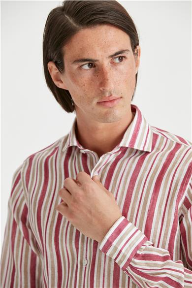 Bordo Haki Çizgili Keten Gömlek