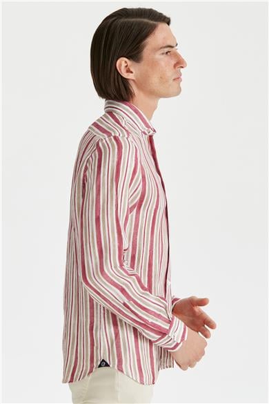 Bordo Haki Çizgili Keten Gömlek