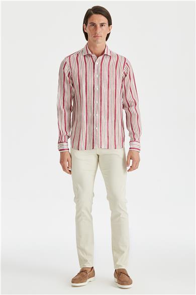 Bordo Haki Çizgili Keten Gömlek