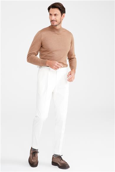 Ekru Kemersiz Pileli Pamuk Pantolon