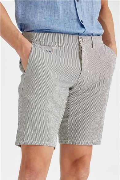 Ekru Lacivert Çizgili Pamuk Şort