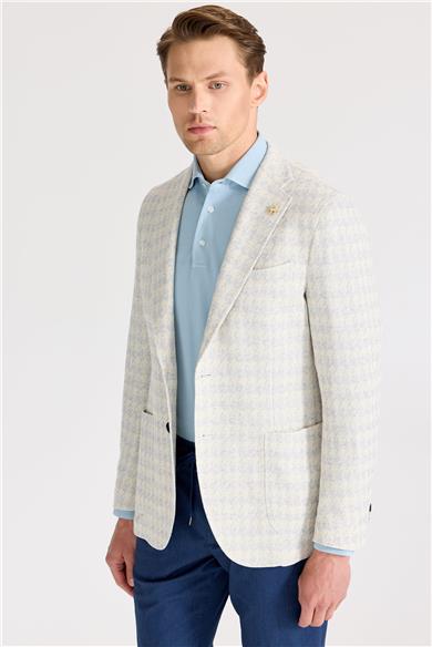 Ekru Mavi Desenli Pamuk Keten Ceket