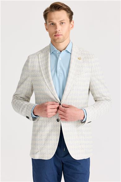 Ekru Mavi Desenli Pamuk Keten Ceket