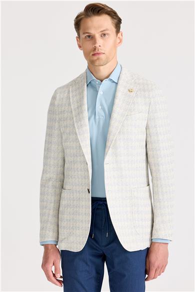 Ekru Mavi Desenli Pamuk Keten Ceket