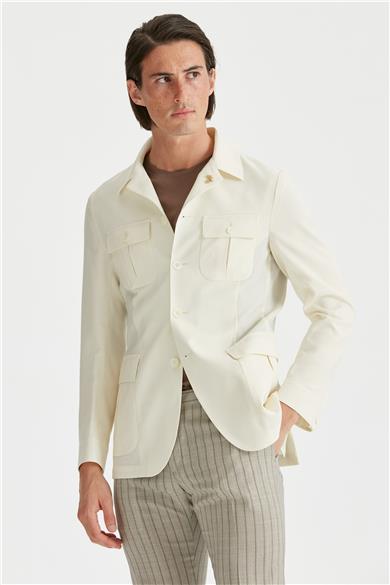 Ekru Sahariana Yün Keten Ceket