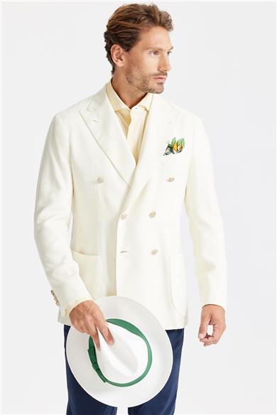 Ekru Yün İpek Keten Kruvaze Ceket