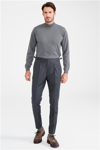 Füme Kemersiz Pileli Yün Pantolon