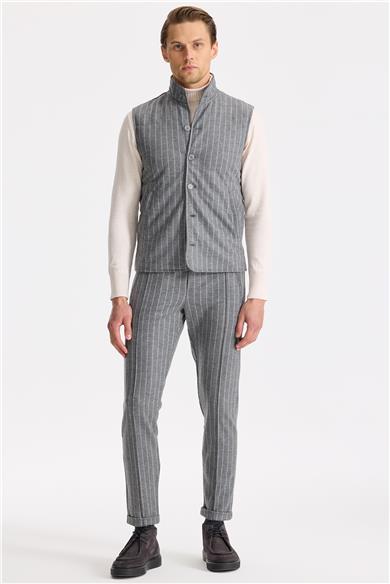 Gri Çizgili Yelekli Saf Yün Spor Takım