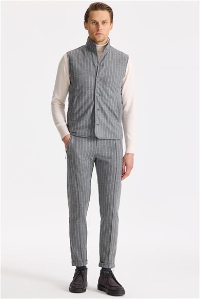 Gri Çizgili Yelekli Saf Yün Spor Takım