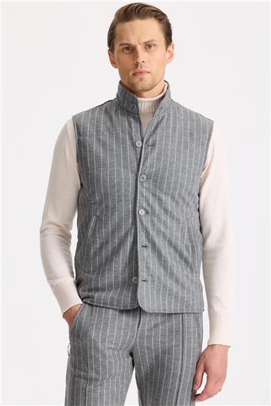 Gri Çizgili Yelekli Saf Yün Spor Takım