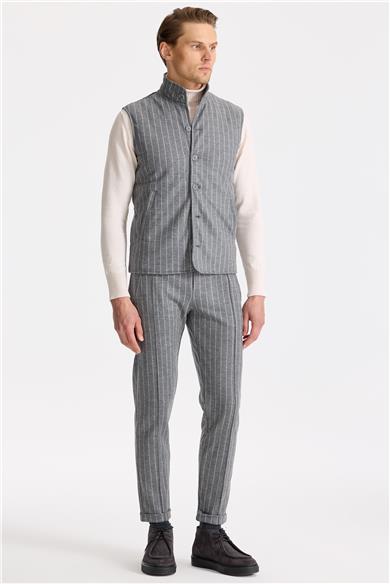 Gri Çizgili Yelekli Saf Yün Spor Takım