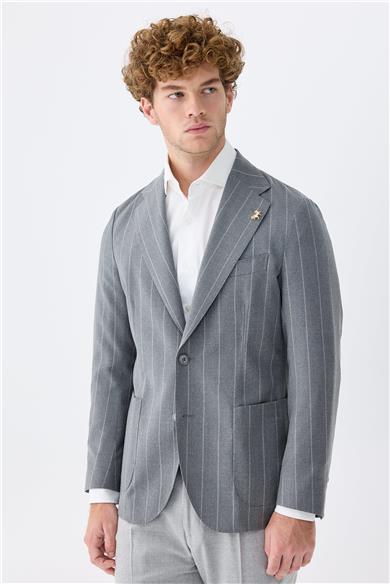 Gri Çizgili Yün Ceket
