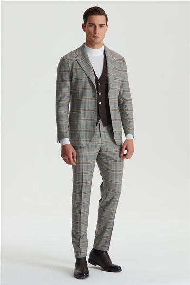 Gri Kahve Kareli Yelekli Takım Elbise