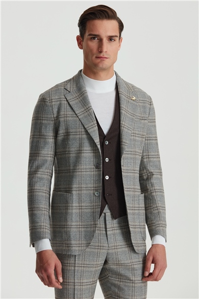 Gri Kahve Kareli Yelekli Takım Elbise