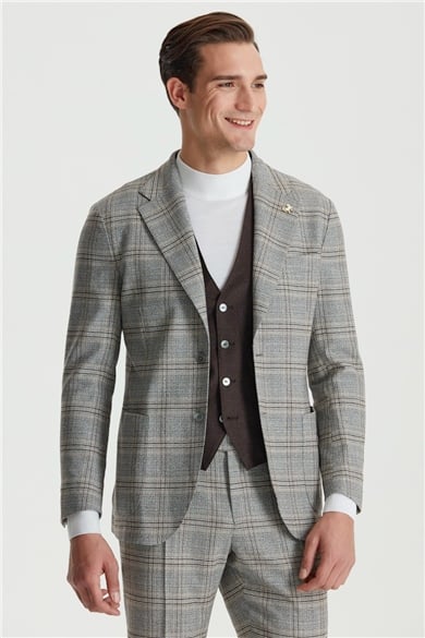 Gri Kahve Kareli Yelekli Takım Elbise