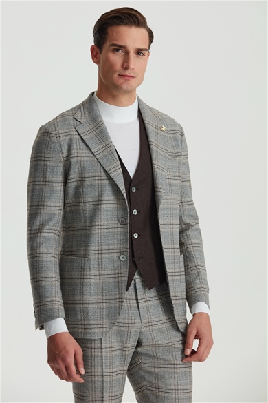 Gri Kahve Kareli Yelekli Takım Elbise