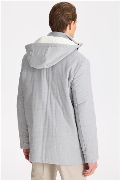 Gri Kapüşonlu Yün Kaban 