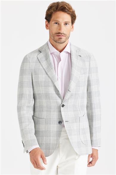 Gri Kareli Yün Keten Ceket