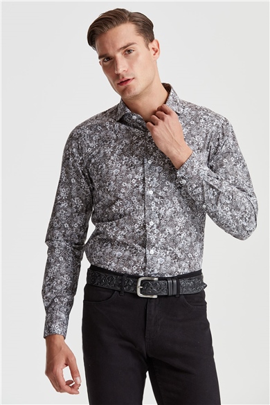 Gri Küçük Çiçek Desenli Pamuk Gömlek