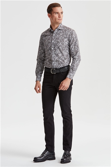 Gri Küçük Çiçek Desenli Pamuk Gömlek