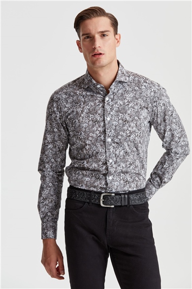 Gri Küçük Çiçek Desenli Pamuk Gömlek