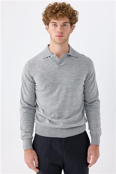 Gri Polo Yaka Yün İpek Kaşmir Triko