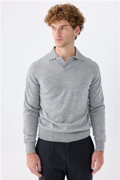 Gri Polo Yaka Yün İpek Kaşmir Triko