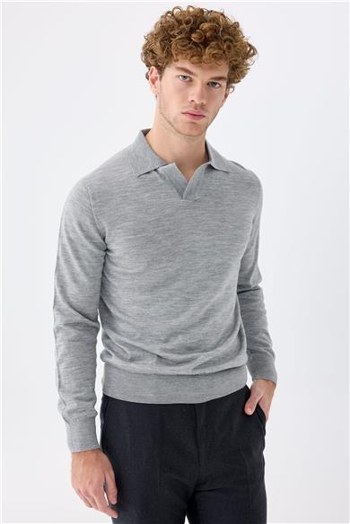Gri Polo Yaka Yün İpek Kaşmir Triko