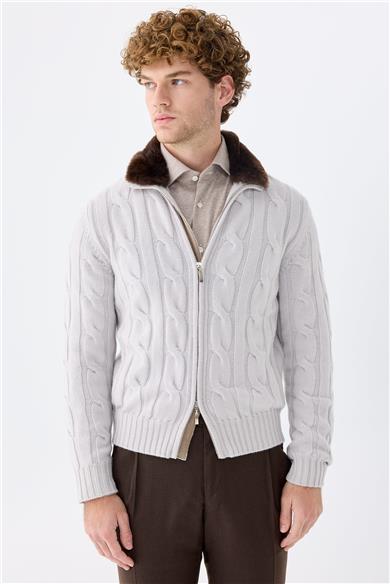 Gri Kalın Örgü Fermuarlı Kaşmir Hırka