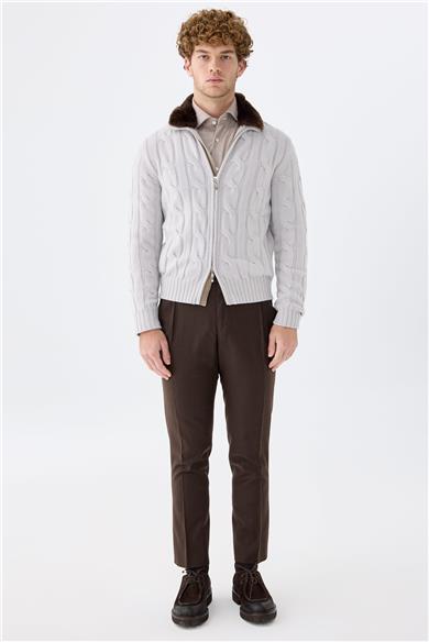 Gri Kalın Örgü Fermuarlı Kaşmir Hırka