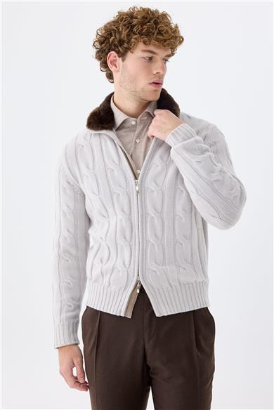 Gri Kalın Örgü Fermuarlı Kaşmir Hırka