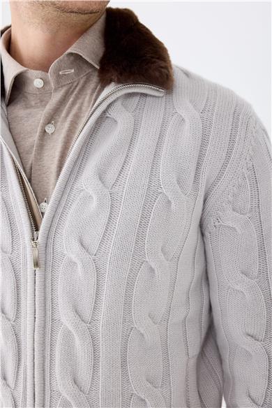 Gri Kalın Örgü Fermuarlı Kaşmir Hırka