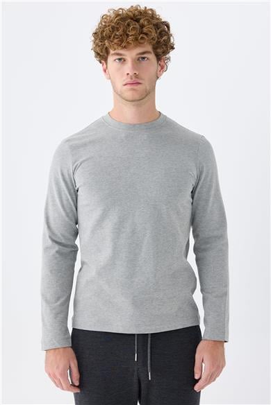 Gri Sıfır Yaka Pamuk Sweatshirt