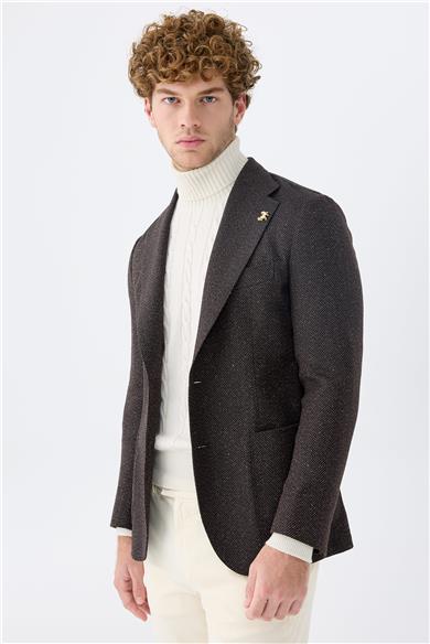 Kahverengi Alpaka Yün İpek Ceket 