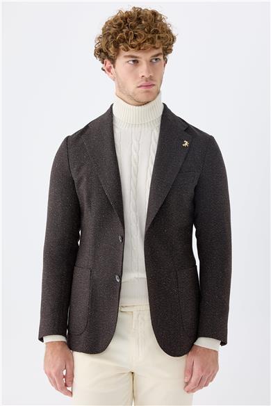 Kahverengi Alpaka Yün İpek Ceket 