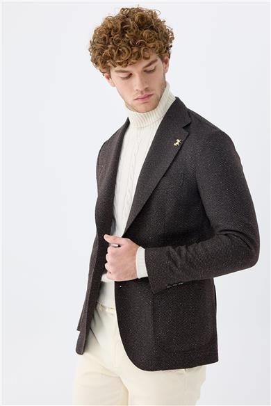 Kahverengi Alpaka Yün İpek Ceket 